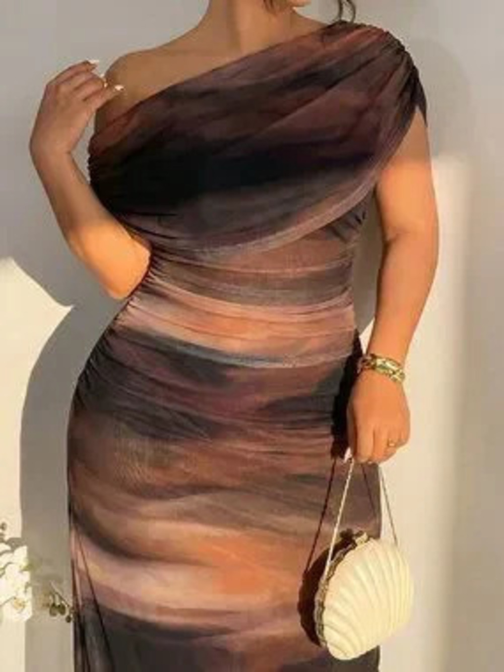 Coffee Brown Elegant Women's Asymmetrical One Shoulder Slim Fit Long Dress